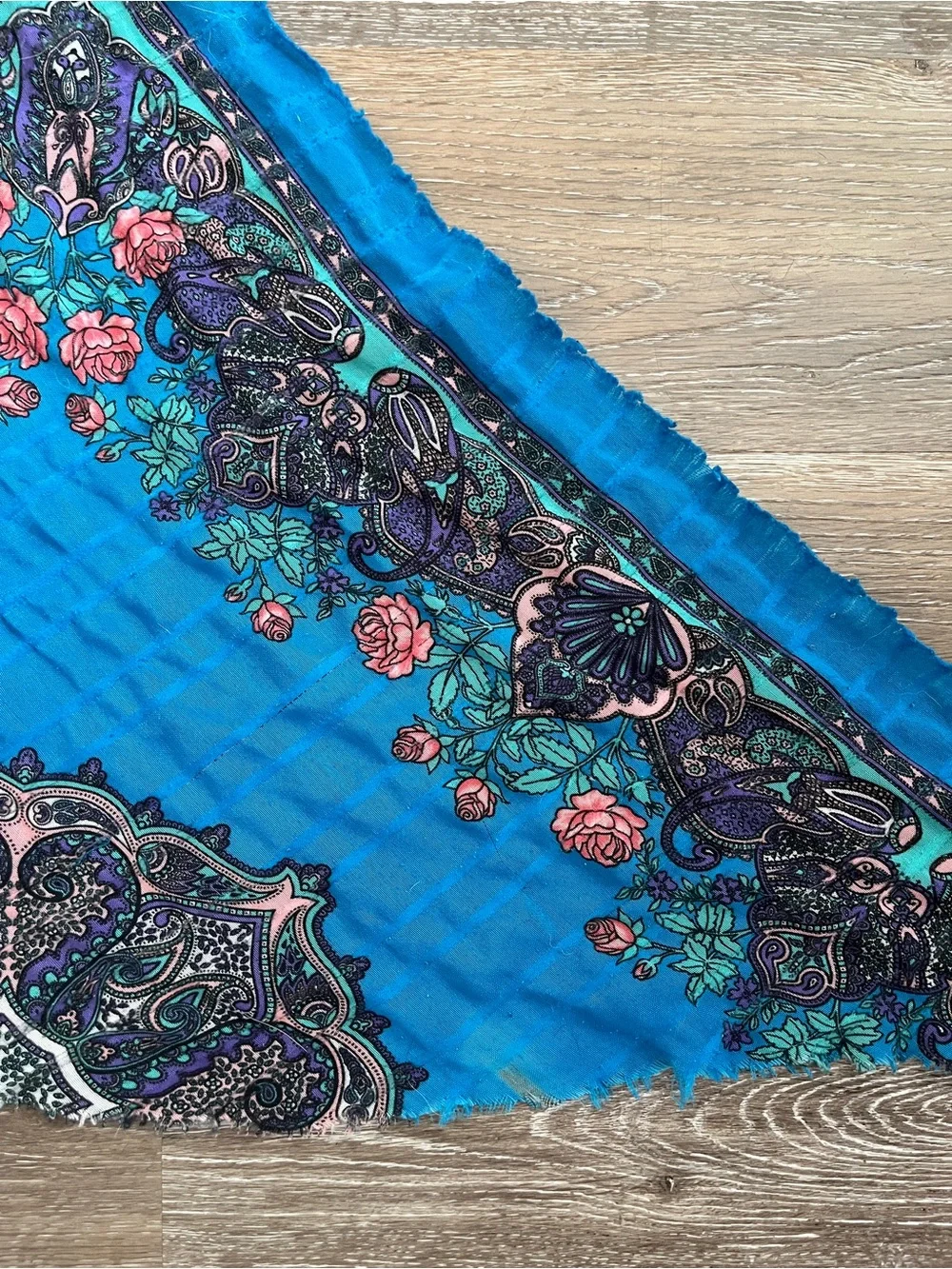 Vintage Blue Floral Pink Roses Paisley Triangle Scarf